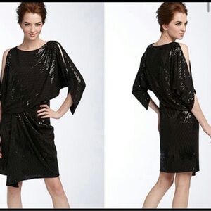 DAVID MEISTER Asymmetric Sequined Jersey Dress Size 4 Black Ruched Stretch Party